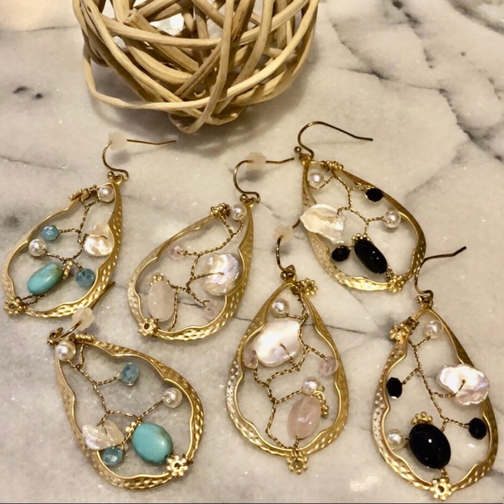 Matte Gold Wire Wrapped Teardrop Earrings-avail Rose Quartz, Onyx OR TQ